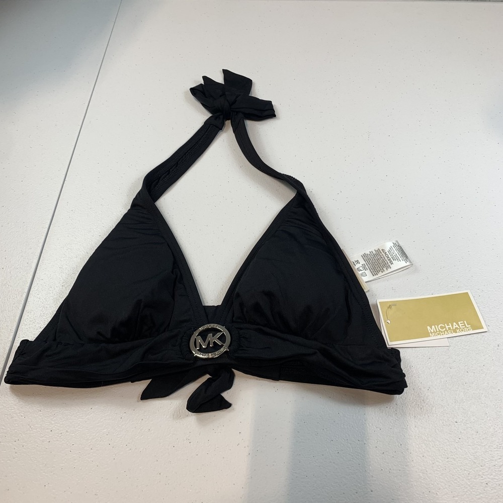 Michael Kors Women's Swim Bikini Top XS Black Halter Tie Back Logo Ring MK Metal
